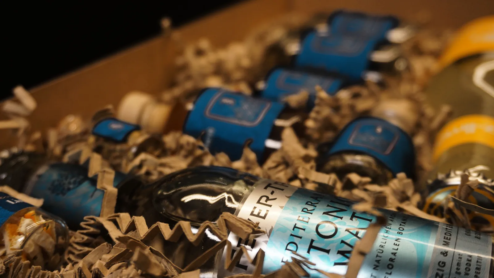Close-up of the bottles with blue labels