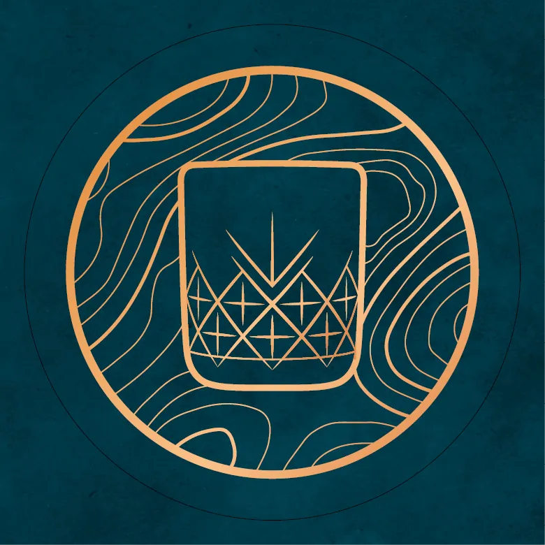 Round sticker with the logo mark in copper on petrol