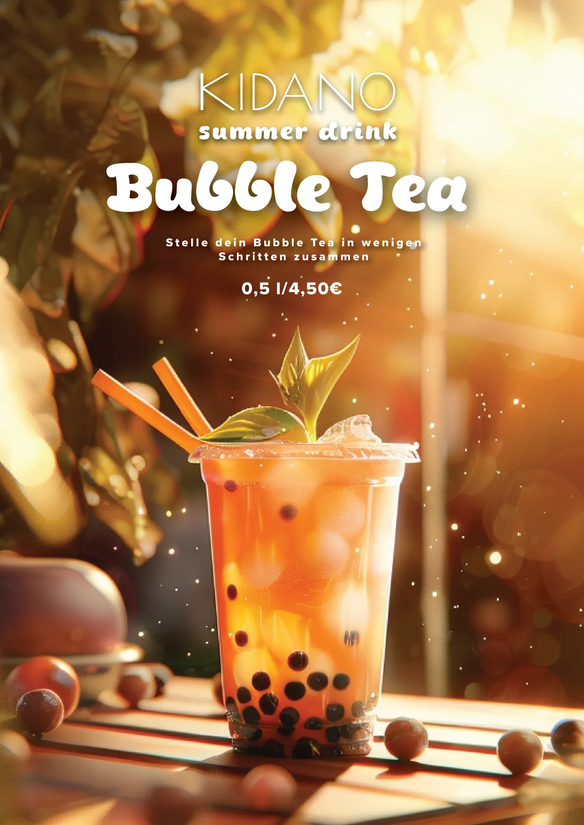 Bubble tea poster with a drink in evening light