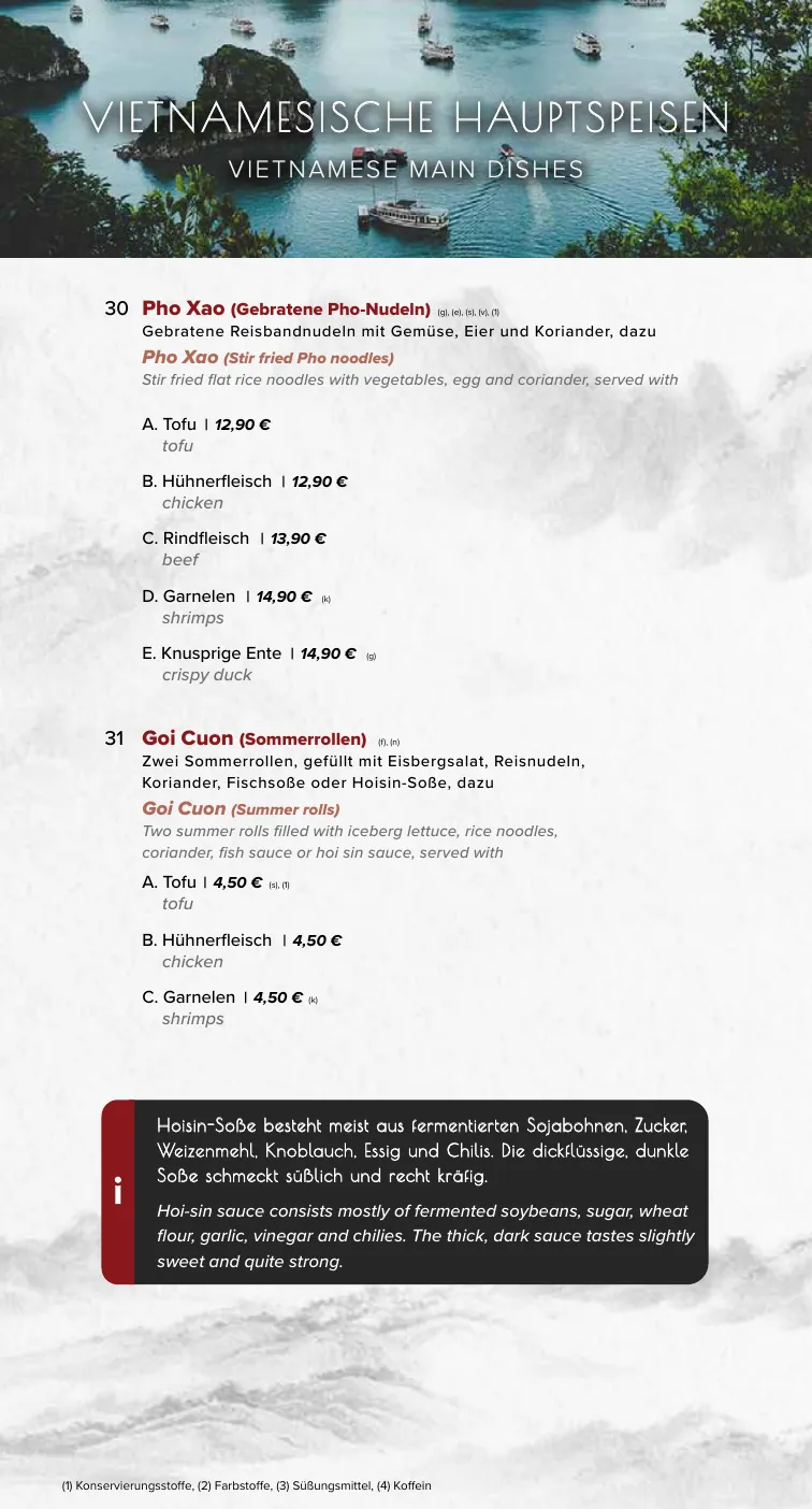 Menu page with Vietnamese main dishes