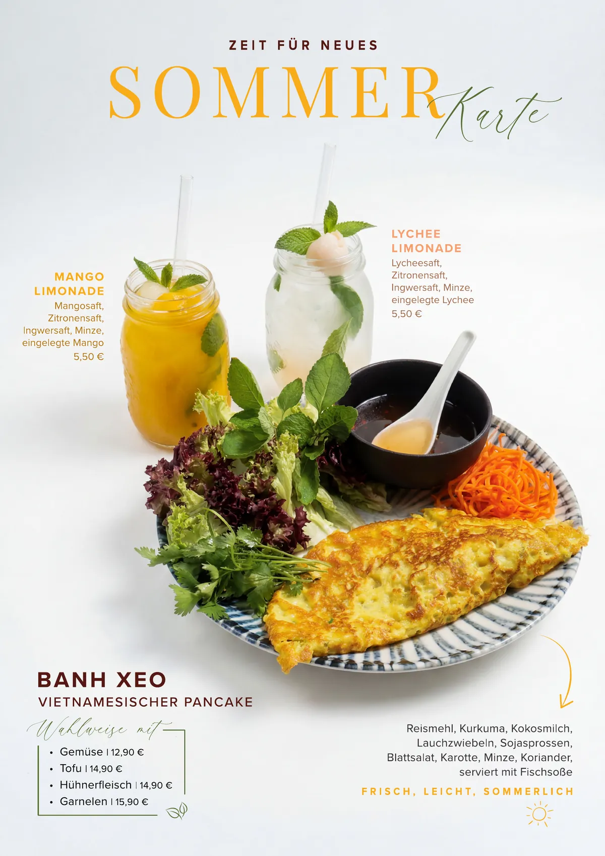 Summer menu poster with two lemonades and a banh xeo